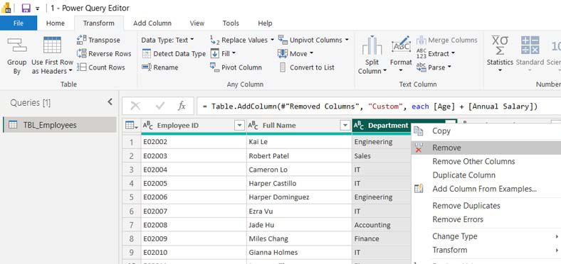 حذف یک ستون از دیتا در Power Query